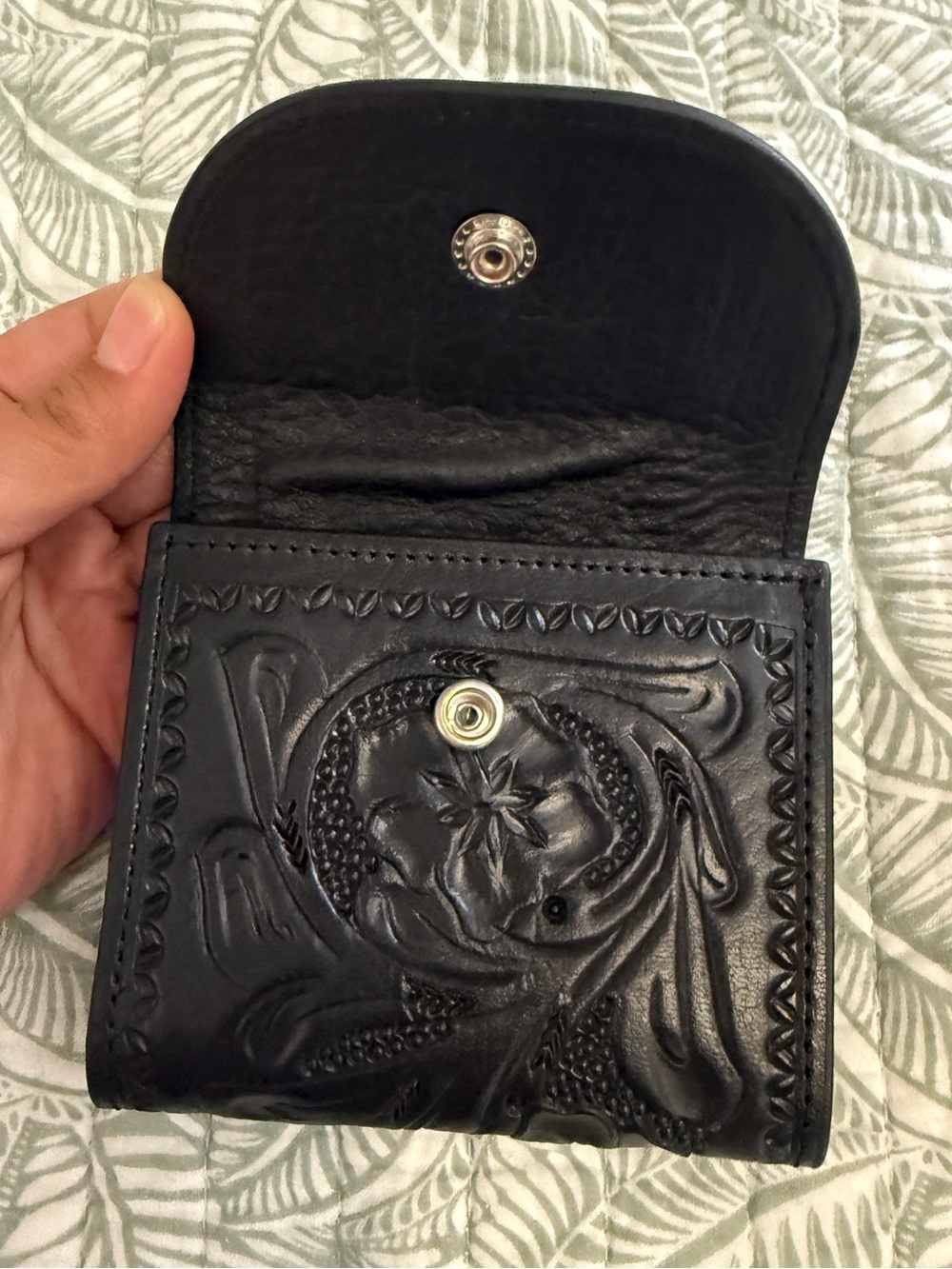 Mauzari Geneva Obsidian Black Hand-Tooled Leather Wallet Western Floral